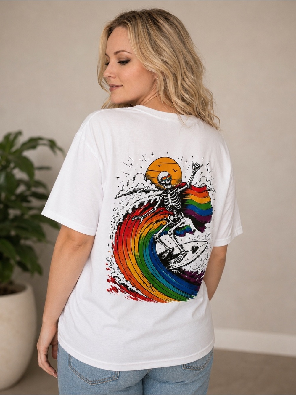 Gourley Collection Pride Month Surfing Skeleton Graphic T-Shirt – Size Large